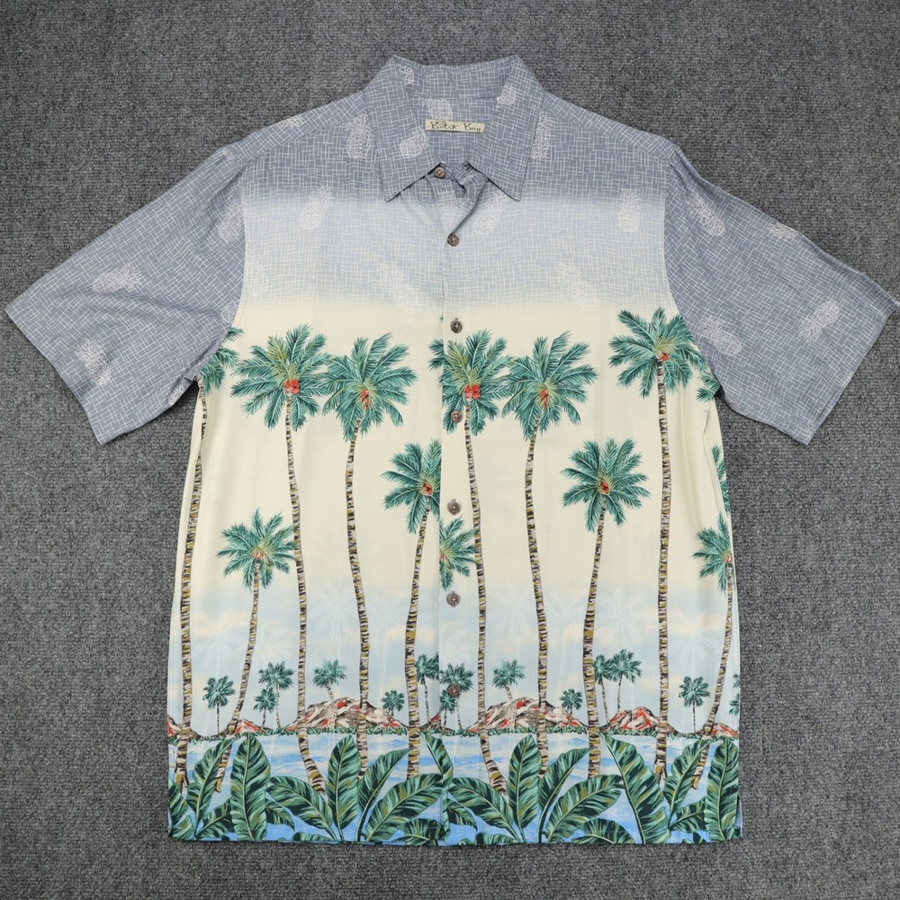 Batik Bay Mens Medium Blue Cream Rayon Palm Tree Pineapple Hawaiian Aloha Shirt